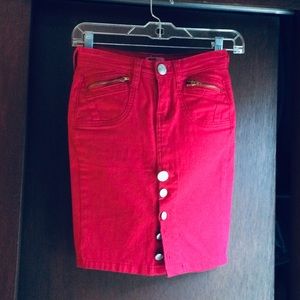 NEW/TAG 5.7.9  RETRO 90’s Red denim pencil skirt AND matching RED BELT- Sz 0